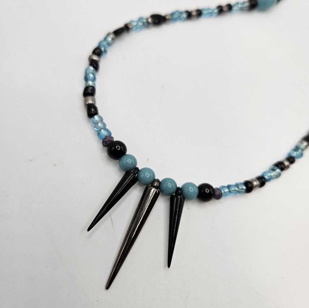 Boho Aqua Marine & Black Spiked 30" Beaded Necklace